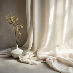 Beige curtain illuminated by sunlight, with dried flowers in a white vase on wooden surface