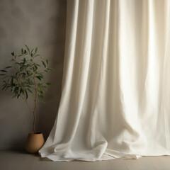 Soft cream-colored curtain draping elegantly beside a potted green plant in a clay pot