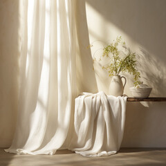 Cream-colored curtain artistically draped, with a small plant on a rustic wooden bench