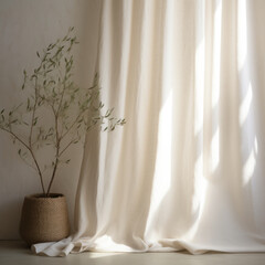 Natural light falling on a soft white curtain with a potted olive tree next to it
