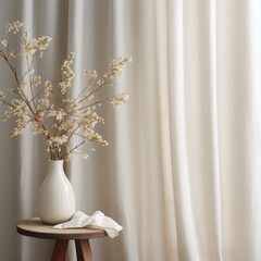 A stylish interior decor setup featuring a white vase with delicate flowers on a wooden stool