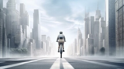 a person riding a bicycle on a road with tall buildings in the background