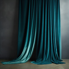 Teal blue velvet curtain graciously draping in a modern room with wooden flooring and neutral walls