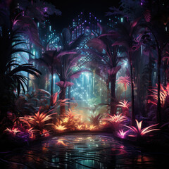 Vibrant neon-lit tropical jungle with illuminated flora under a digital sky, a futuristic concept