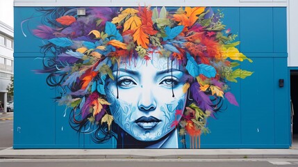 a mural of a person with flowers on the head