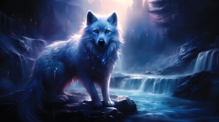 A wolf standing on a rock in front of a waterfall.