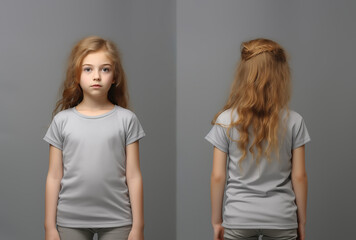 Front and back views of a little girl wearing a grey T-shirt