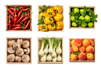Vegetables and fruits in the wood box on background isolated, close up collection of organic fresh fruits and vegetables for healthy food, well being theme