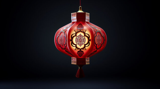Farolillo chino rojo colgado con luz amarilla y fondo negro para celebraci&oacute;n de a&ntilde;o nuevo chino.