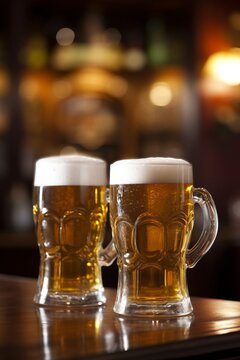 Two mugs of beer with foam frothy heads on wooden table in an English pub background, exuding a warm and inviting atmosphere.