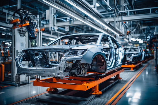 Automotive assembly line of automobile factory. Industrial background