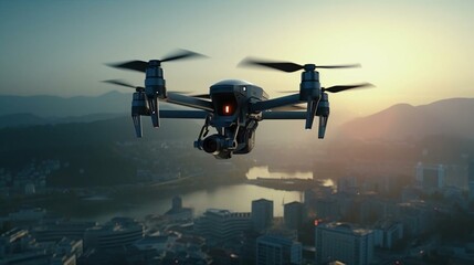 a man standing in front of a drone flying over a city - obrazy, fototapety, plakaty