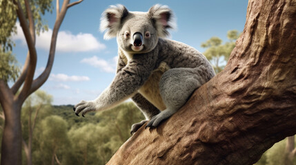 Curious koala on the trunk. A cute koala. generative ai