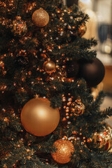 Golden black shiny Christmas balls hanging on a Christmas tree with garland lights. Decorated spruce branches. Vertical postcard