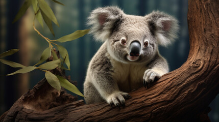 Curious koala on the trunk. A cute koala. generative ai