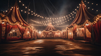 Enchanted Nighttime Circus with Illuminated Tents and String Lights