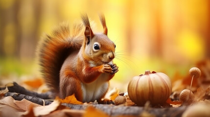 Cute American red squirrel in autumn golden light eating acorn. generative ai
