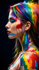 Naklejka premium portrait of a woman with paint in face in rainbow colors 