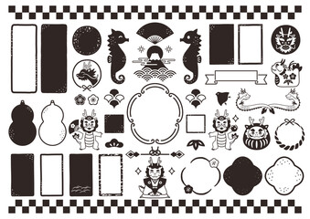 辰年の竜と手書きの和風フレームセット