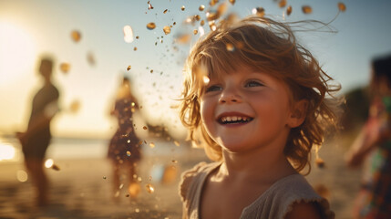 happy smiling child playing on defocused bokeh flare beach background at sunset