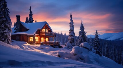 A charming wooden cabin lit by sunset, surrounded by pristine snow and tall snow-covered pines in a serene mountain setting.
