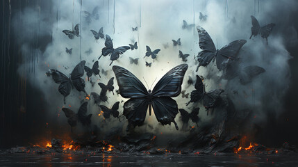 Butterflies Turning Into Dust Dying Artistic Illusion On Blurry Background - obrazy, fototapety, plakaty