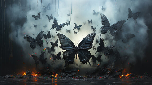 Butterflies Turning Into Dust Dying Artistic Illusion On Blurry Background