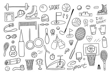 Set of sport icons. sports equipment, badminton, basketball, football, boxing, fitness, golf. Great for banners, sites, posters, design elements. Vector illustration EPS10. Hand drawn. Doodles - obrazy, fototapety, plakaty