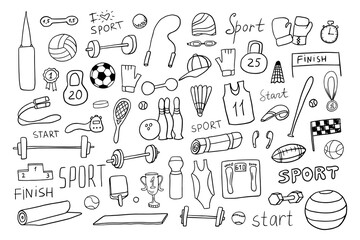 Big set of hand drawn doodle sport icons. sports equipment, badminton, basketball, football, boxing, fitnes. Collection of design elements. Great for banners, sites, posters. Vector illustration EPS10