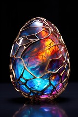 A colorful glass egg sitting on top of a table.