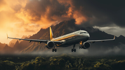 Commercial Airplane Landing at Dusk with Dramatic Sky Over Tropical Mountains. Generative AI - obrazy, fototapety, plakaty
