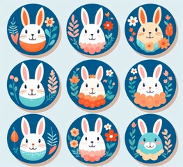 Set of cute colorful different  easter bunnies on blue background with flowers and ornaments .  easter card banner wallpaper