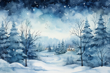 Snowy Night Shaped Canvas: A Frame Image Offering Ample Copy Space in the Background, Crafted by the Artistry of an Aquarellist - Conjuring a Serene and Snowy Night Atmosphere.