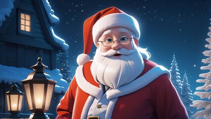 Santa Claus with Lanterns in Front of House (Generative AI)