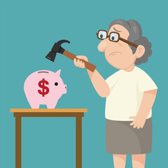 Senior woman holding a hammer breaking a piggy bank,illustration vector eps10 cartoon. 