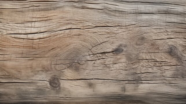 Close-up shot of weathered wooden plank showcasing intricate grain patterns, knots, and textured surface. The rustic and aged wood exudes a vintage charm, with detailed patterns and natural textures.
