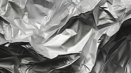 Close-up macro shot of crumpled silver aluminum foil with fine wrinkles and creases. High detail, metallic texture, and shiny surface create an abstract and textured background. 