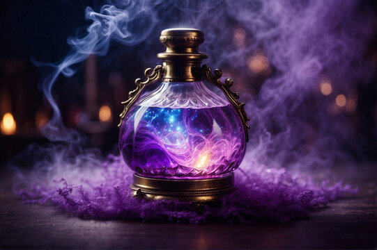  An ornate glass potion bottle emitting a mystical purple smoke against a dark background with soft lighting