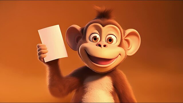 Cute happy cartoon monkey holding a blank sign. Created with Generative AI.	
