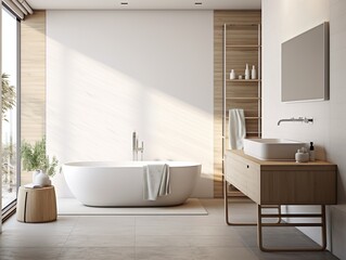 Fototapeta na wymiar A minimalist Scandinavian-style bathroom with sleek white interiors