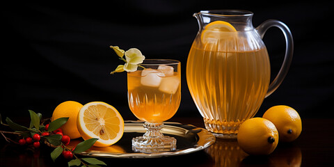 Refreshing homemade lemonade in a beautiful glass decanter stands on the table next to citrus fruits