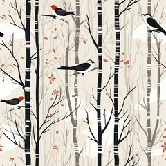 Winter Birch Trees and Birds Seamless Pattern for Tranquil Themes

