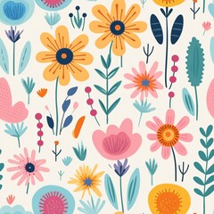 Obraz premium Children's Colorful Floral Doodle: Seamless Pattern Wallpaper 