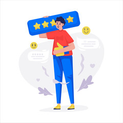 A man with a five-star board for customer feedback rating vector illustration