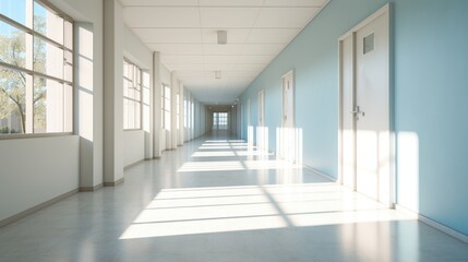 Sunlit corridor with floor-to-ceiling windows, adorned walls, and polished marble floor. Intricate patterns and framed medical-themed images