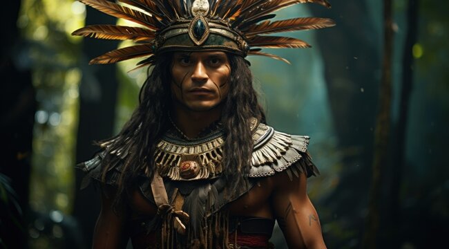 An imposing portrait of a tribal chief adorned with an ornate headdress and traditional jewelry