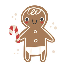 Cute Christmas gingerbread man in a diaper. Gingerbread man holding a lollipop in hand. Cartoon vector illustration. Happy Holidays - Merry Christmas and Happy New Year. 