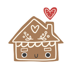 Lovely Christmas gingerbread house decorated with icing. Cartoon gingerbread house cookies for Christmas. Happy Holidays - Merry Christmas and Happy New Year. Cute Vector print.