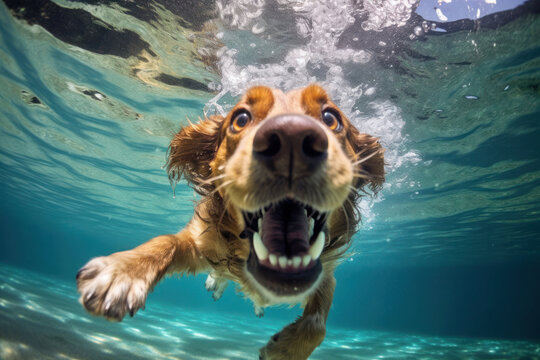 An exuberant dog dives underwater, creating a splash of bubbles, its face expressing sheer joy and playfulness in a clear blue pool.