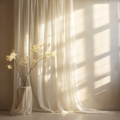 Elegant white flowers in a vase placed on draped fabric, with shadows and light creating a peaceful tableau